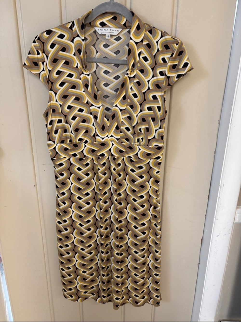 Trina Turk Yellow, Brown & Cream Geometric V‑Neck Midi Dress